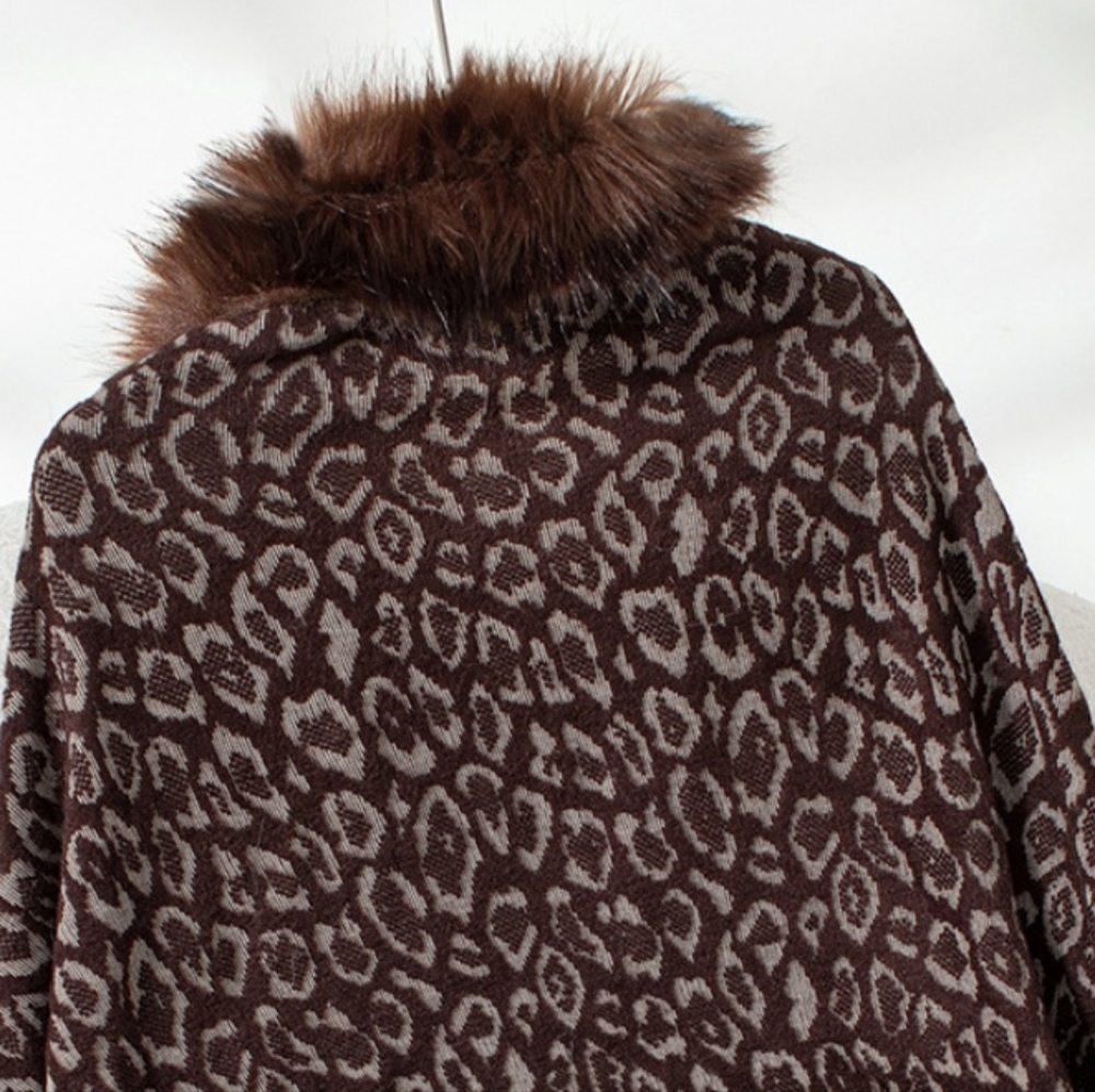 Plush Faux Fur Leopard Retro Fringe Boho Oversized Poncho Knit Cardigan Jacket - Picture 10 of 16